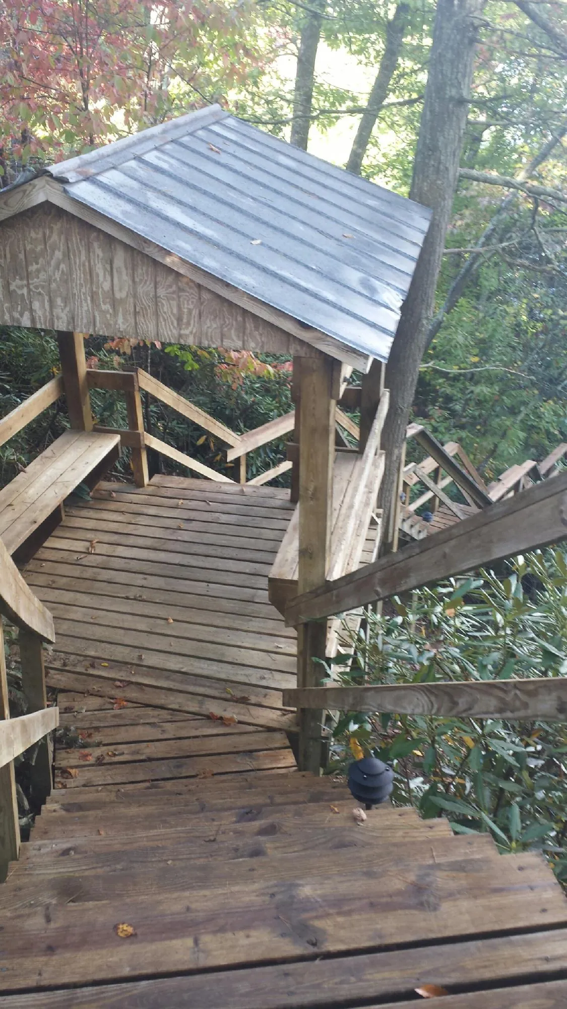 Metal roofed shelter over wooden steps on a wooded walkway — Skylight Repair & Installation work by our crew in Redding